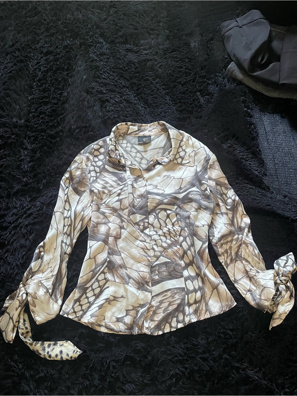 Just Cavalli Beige and Brown Patterned Tie-Sleeve Blouse